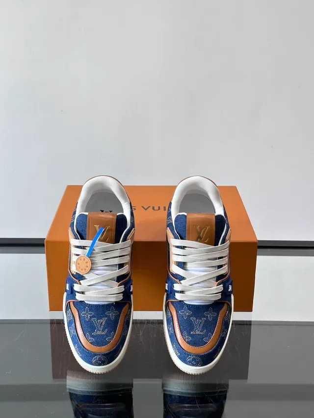 Louis Vuitton LV Trainer Navy Beige Denim Monogram Upper Tan Leather Overlays Lifestyle Sneakers 4