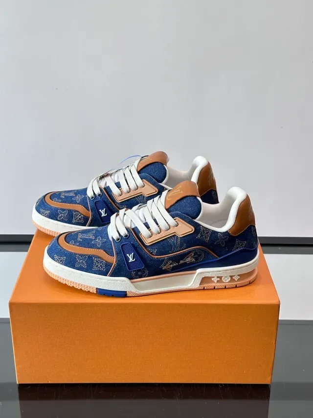 Louis Vuitton LV Trainer Navy Beige Denim Monogram Upper Tan Leather Overlays Lifestyle Sneakers 5