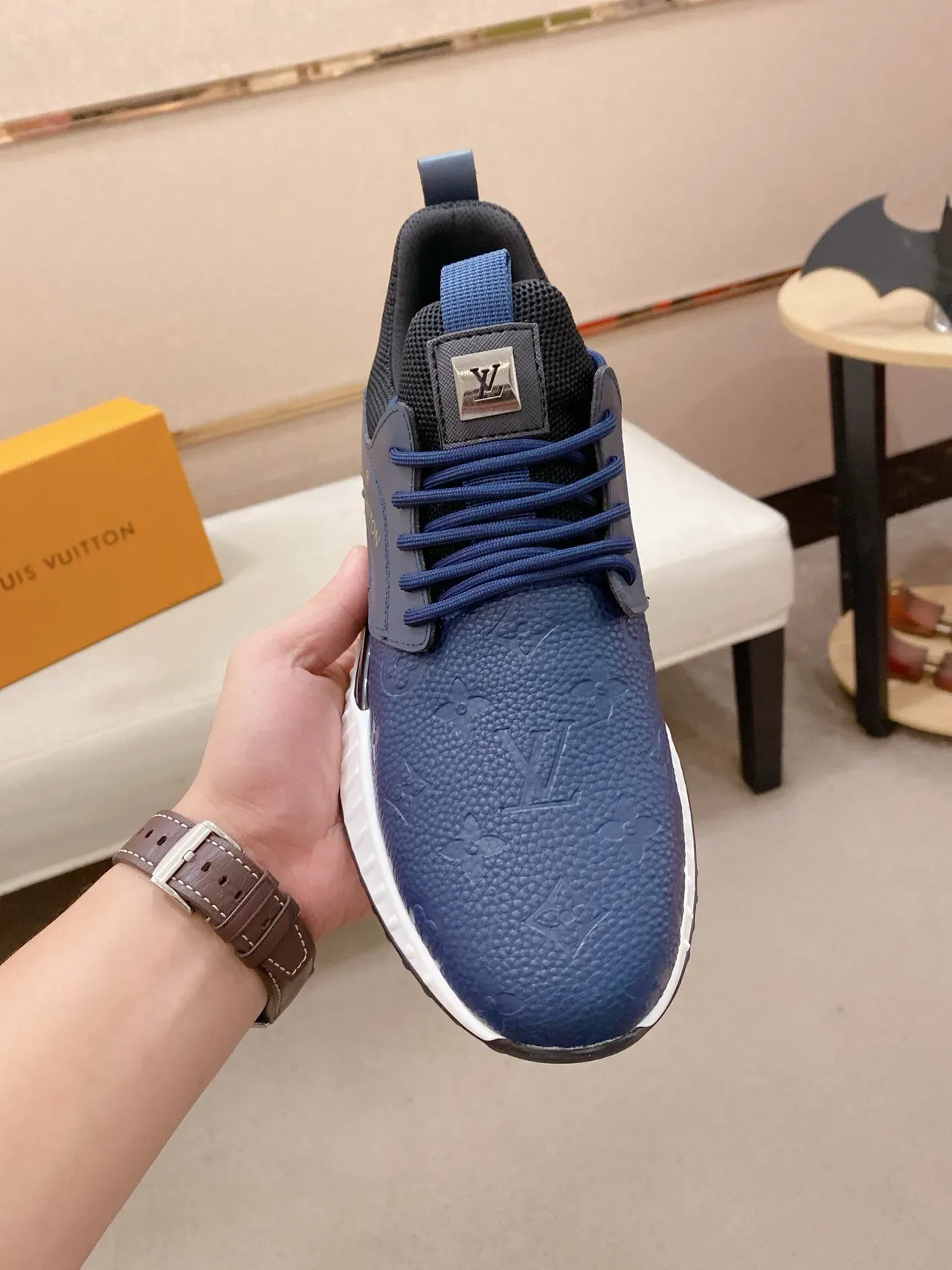 Louis Vuitton LV Trainer Navy White Embossed Monogram Leather Mesh Heel Collar Lifestyle Sneakers 2