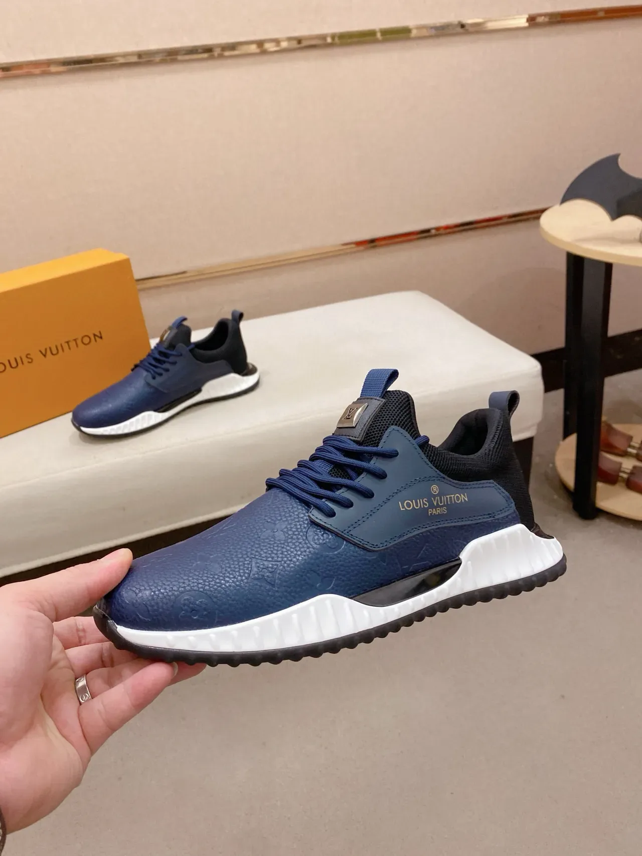 Louis Vuitton LV Trainer Navy White Embossed Monogram Leather Mesh Heel Collar Lifestyle Sneakers 3