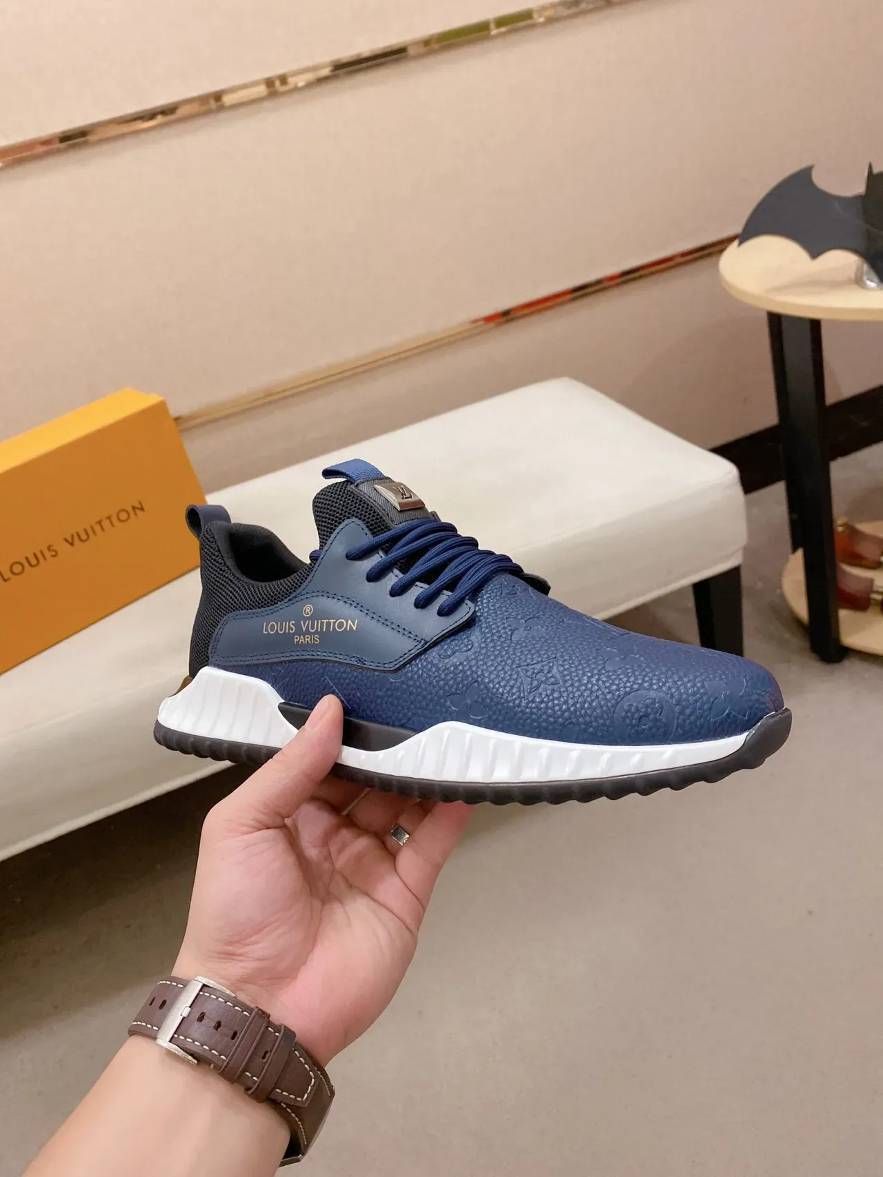 Louis Vuitton LV Trainer Navy White Embossed Monogram Leather Mesh Heel Collar Lifestyle Sneakers 4