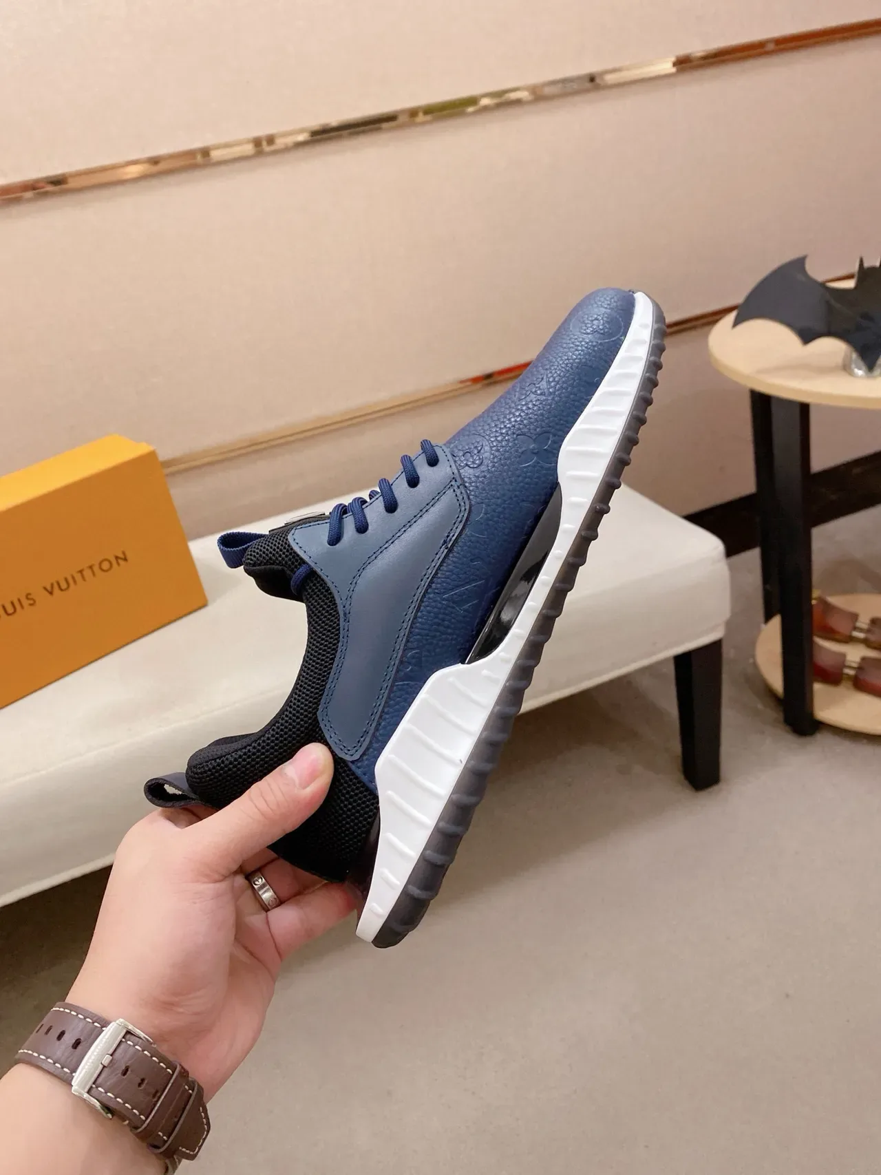 Louis Vuitton LV Trainer Navy White Embossed Monogram Leather Mesh Heel Collar Lifestyle Sneakers 5