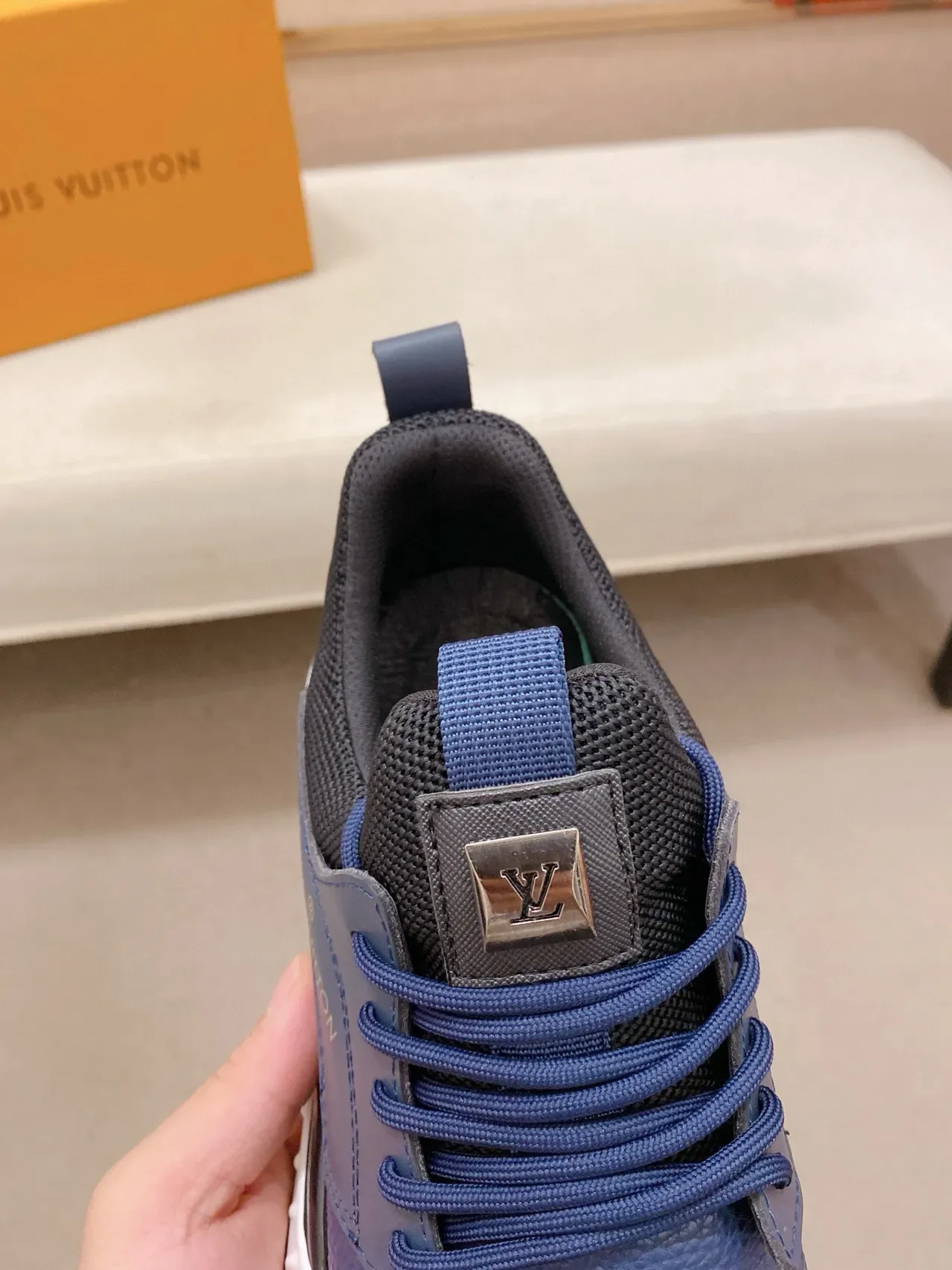 Louis Vuitton LV Trainer Navy White Embossed Monogram Leather Mesh Heel Collar Lifestyle Sneakers 6