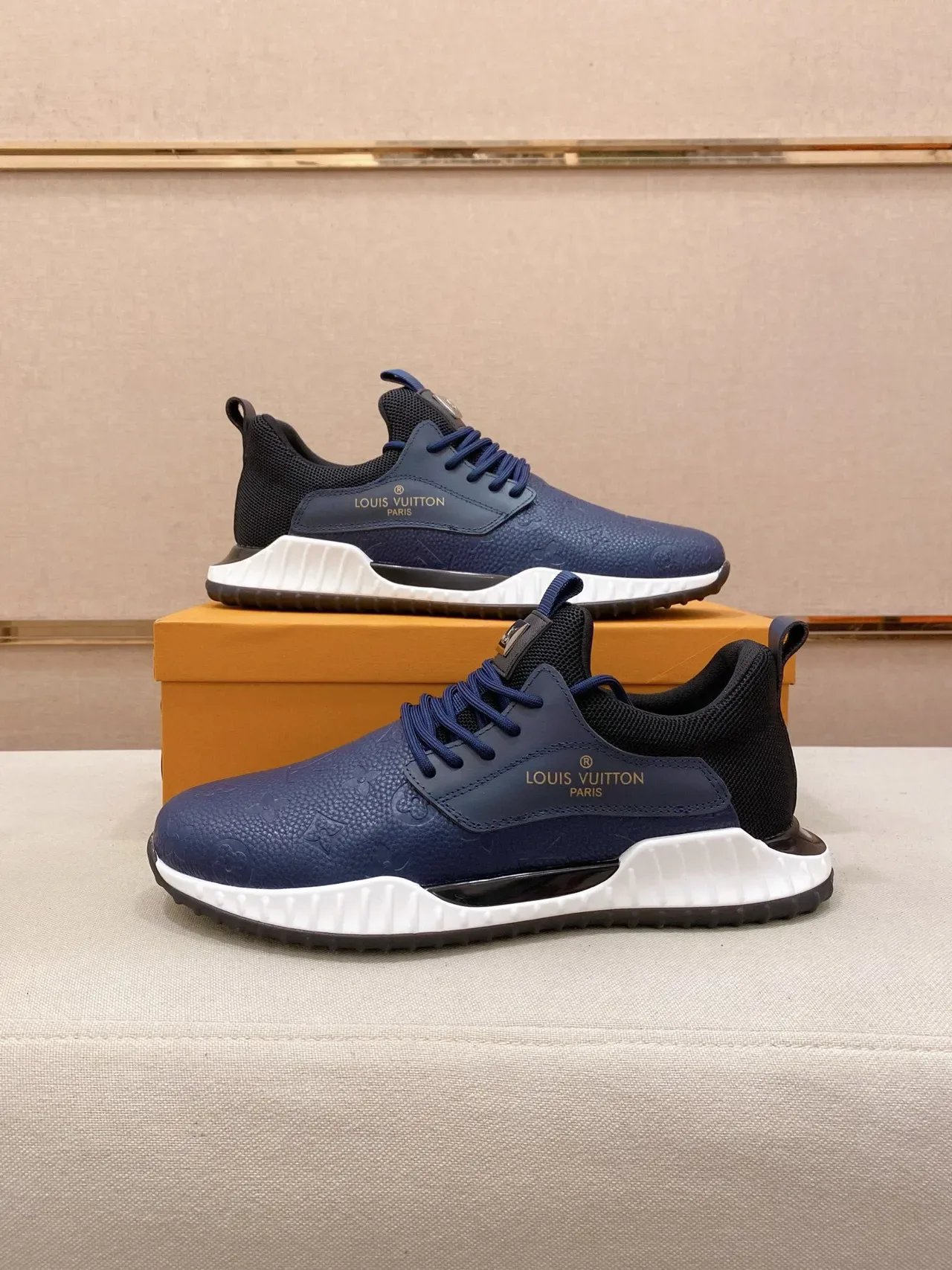 Louis Vuitton LV Trainer Navy White Embossed Monogram Leather Mesh Heel Collar Lifestyle Sneakers 7