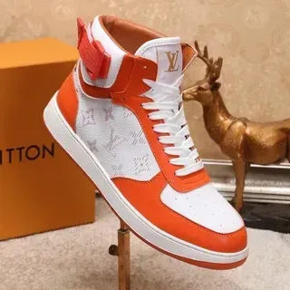 Louis Vuitton LV Trainer Zapatillas Lifestyle Naranja Blanco de Alto con Panel Lateral en Monograma Impreso