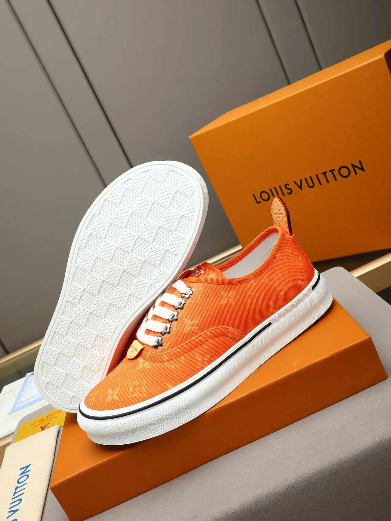 Louis Vuitton LV Trainer Orange White Monogram Canvas Low-Top Lifestyle Sneakers 4
