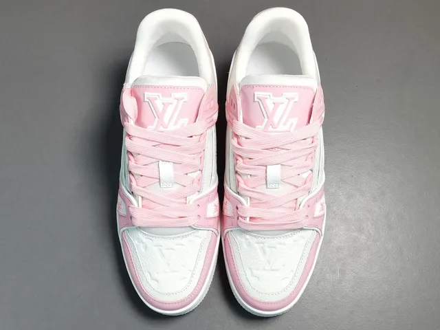 Louis Vuitton LV Trainer Pink White Layered Cage Construction Asymmetrical Strap Detail Lifestyle Sneakers 15