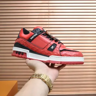Louis Vuitton LV Trainer Red Black Monogram-Embossed Leather Layered Sole Lifestyle Sneakers