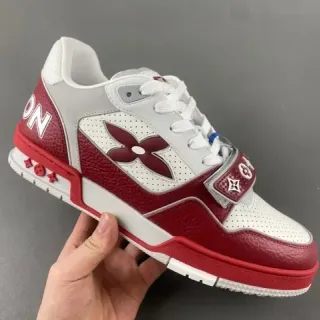 Louis Vuitton LV Trainer Zapatillas Lifestyle Rojo Blanco Cuero en Capas y Malla Perforada Logotipo Monograma Flor