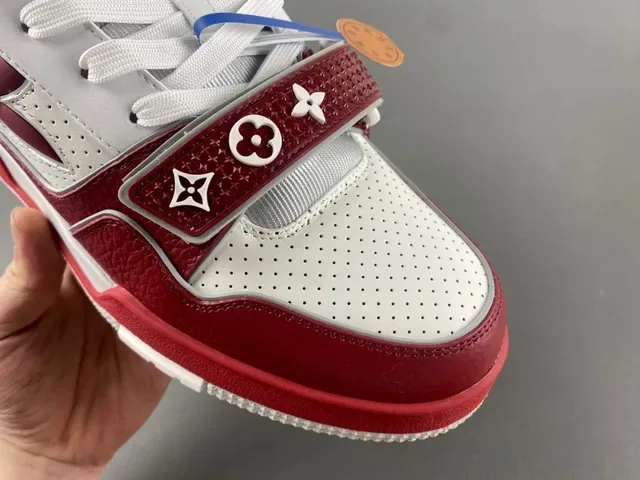Louis Vuitton LV Trainer Red White Layered Leather And Perforated Mesh Monogram Flower Logo Lifestyle Sneakers 2