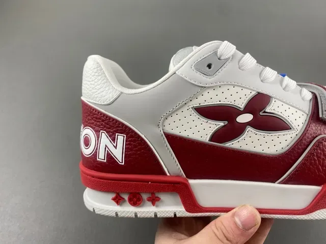 Louis Vuitton LV Trainer Red White Layered Leather And Perforated Mesh Monogram Flower Logo Lifestyle Sneakers 3