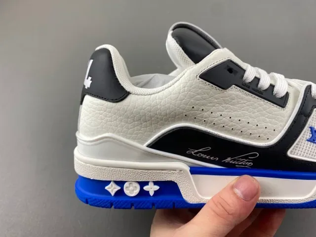 Louis Vuitton LV Trainer Branco Azul Sola Plataforma Chunky Couro Texturizado Superior Lifestyle Sneakers 3