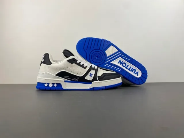 Louis Vuitton LV Trainer Branco Azul Sola Plataforma Chunky Couro Texturizado Superior Lifestyle Sneakers 12