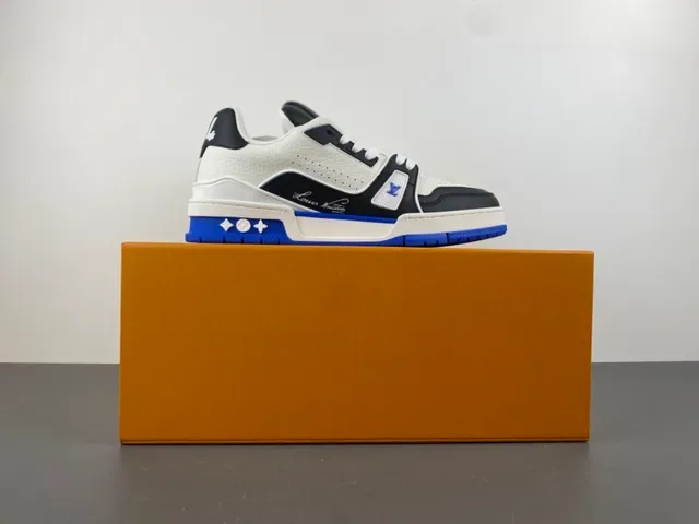 Louis Vuitton LV Trainer Branco Azul Sola Plataforma Chunky Couro Texturizado Superior Lifestyle Sneakers 14