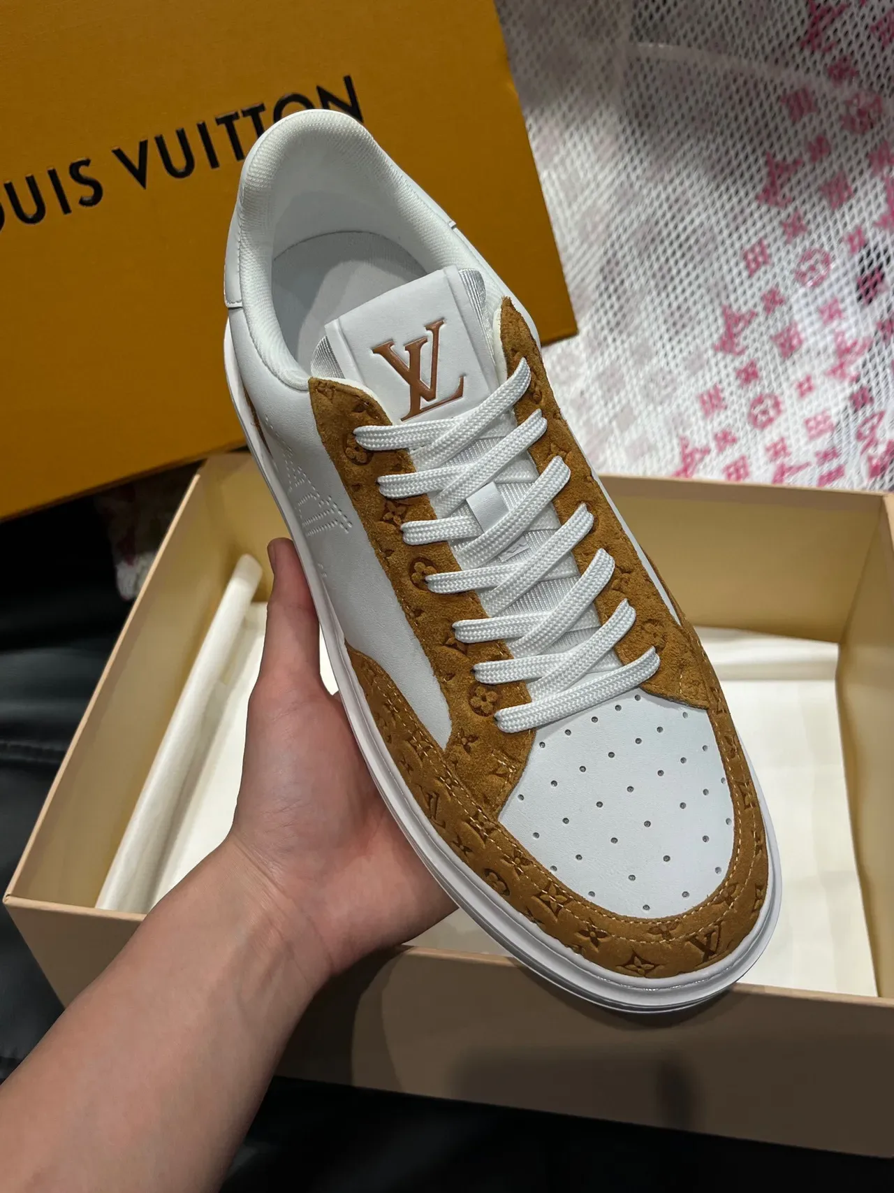 Louis Vuitton LV Trainer White Brown Perforated Logo Monogram Suede Overlay Lifestyle Sneakers 4