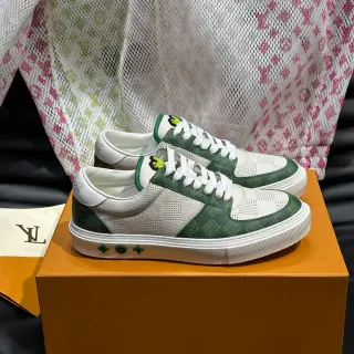 Louis Vuitton LV Trainer White Green Perforated Leather Monogram Canvas Panels Lifestyle Sneakers
