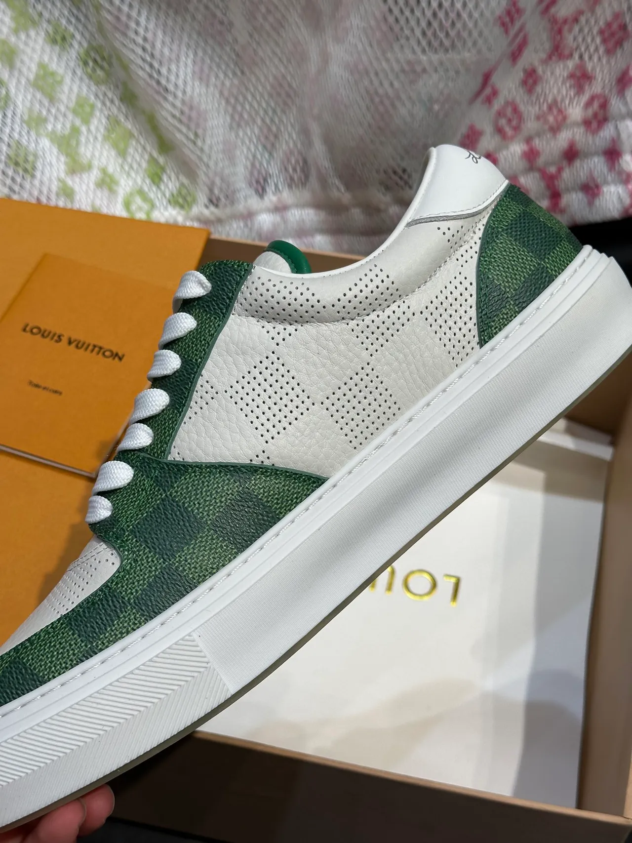 Louis Vuitton LV Trainer White Green Perforated Leather Monogram Canvas Panels Lifestyle Sneakers 2