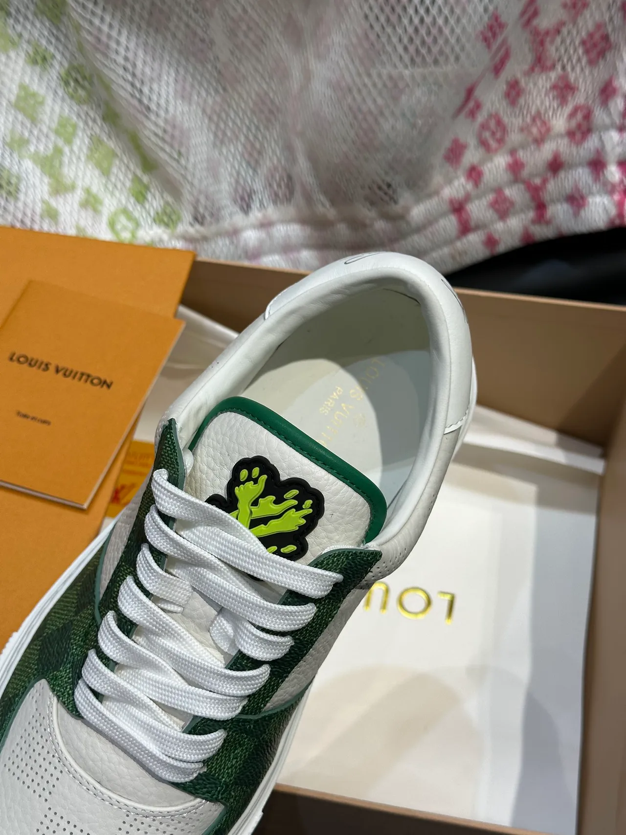 Louis Vuitton LV Trainer White Green Perforated Leather Monogram Canvas Panels Lifestyle Sneakers 3