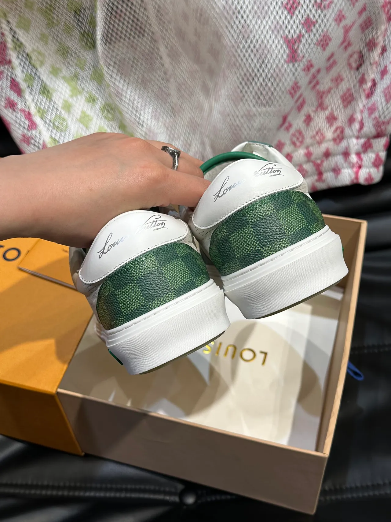 Louis Vuitton LV Trainer White Green Perforated Leather Monogram Canvas Panels Lifestyle Sneakers 4