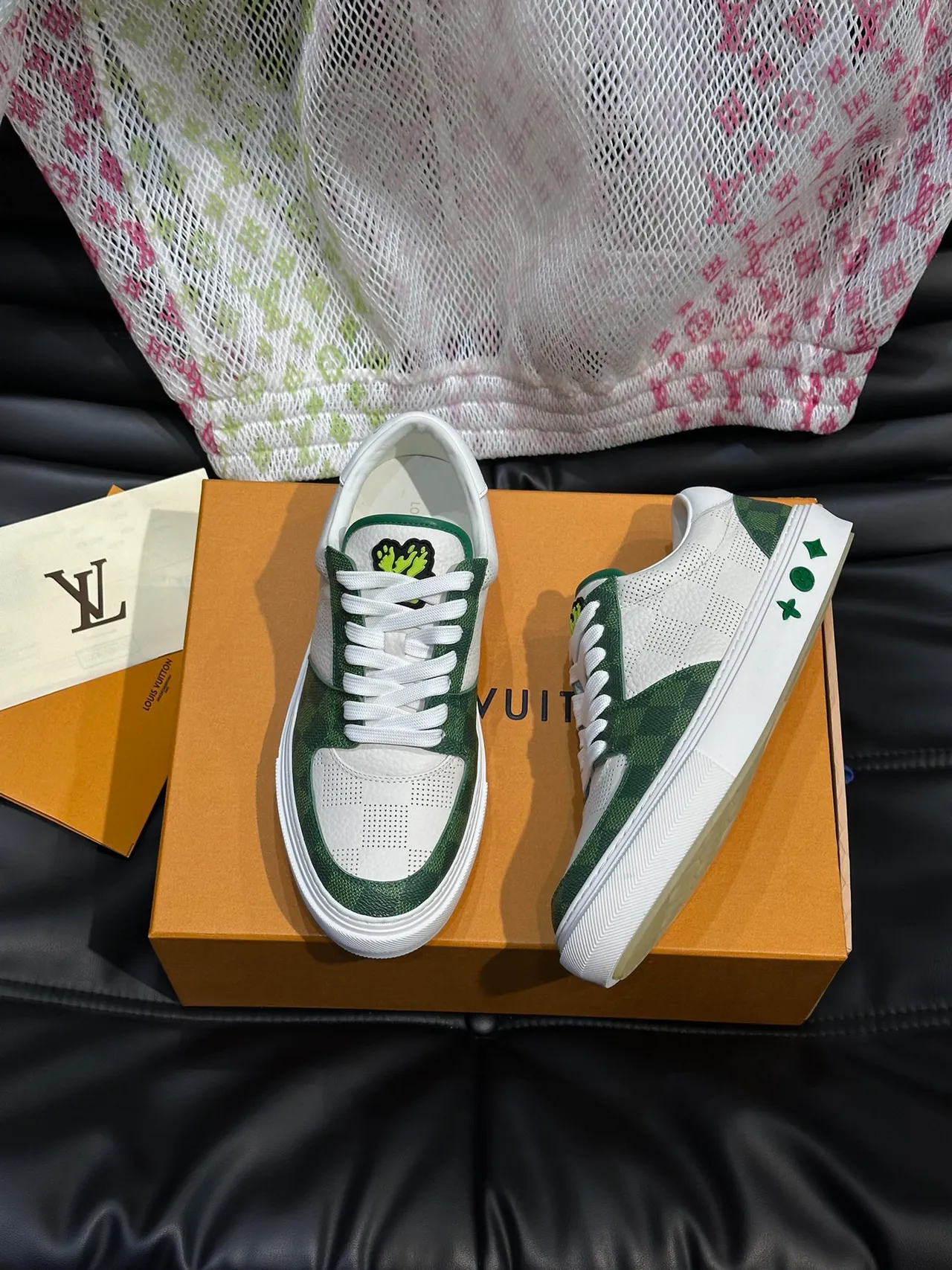 Louis Vuitton LV Trainer White Green Perforated Leather Monogram Canvas Panels Lifestyle Sneakers 5