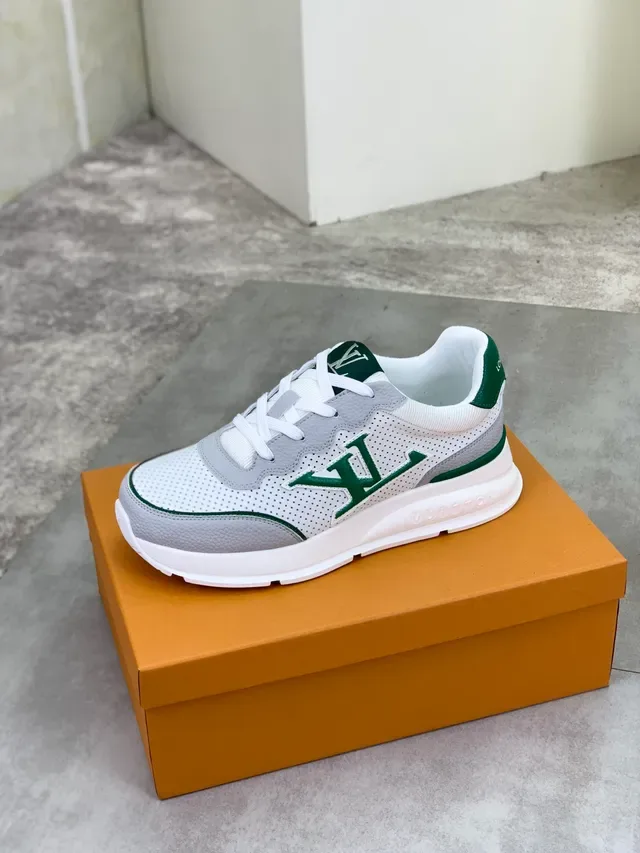 লুইস ভিটন LV Trainer সাদা সবুজ পারফোরেটেড মেশ ধূসর চামড়ার ওভারলে লাইফস্টাইল স্নিকার 5