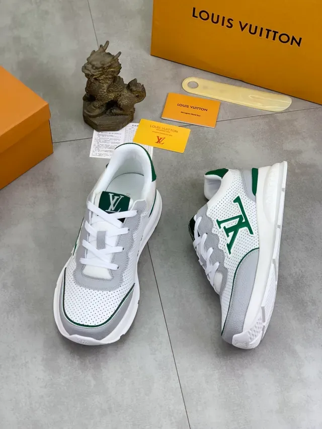 লুইস ভিটন LV Trainer সাদা সবুজ পারফোরেটেড মেশ ধূসর চামড়ার ওভারলে লাইফস্টাইল স্নিকার 6