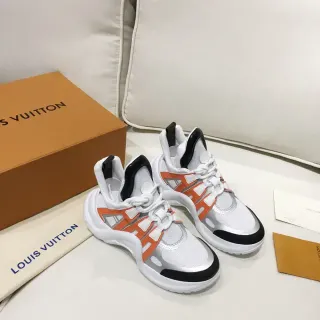 Louis Vuitton LV Trainer blanco naranja suela esculpida chunky malla y construcción de superposición sintética zapatillas lifestyle