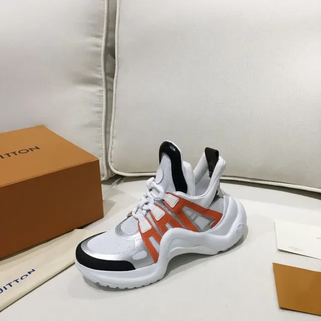 Louis Vuitton LV Trainer White Orange Chunky Sculpted Sole Mesh And Synthetic Overlay Construction Lifestyle Sneakers 4