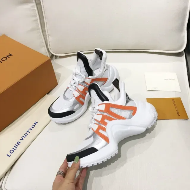 Louis Vuitton LV Trainer White Orange Chunky Sculpted Sole Mesh And Synthetic Overlay Construction Lifestyle Sneakers 5