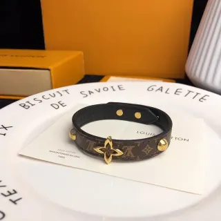 Louis Vuitton Monogram Canvas Bracelet Brown Gold Black Leather Trim Bracelet
