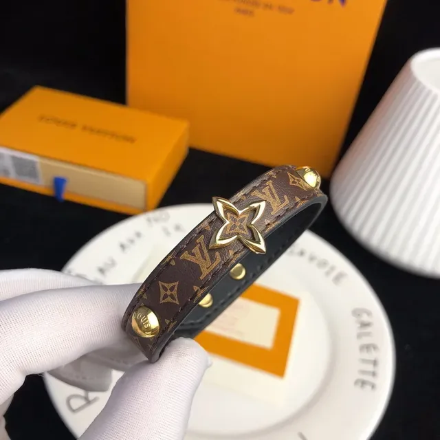 Louis Vuitton Monogram Canvas Bracelet Brown Gold Black Leather Trim Bracelet 2