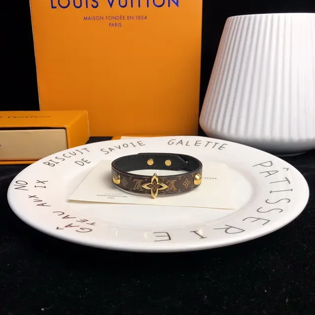 Louis Vuitton Monogram Canvas Bracelet Brown Gold Black Leather Trim Bracelet 3