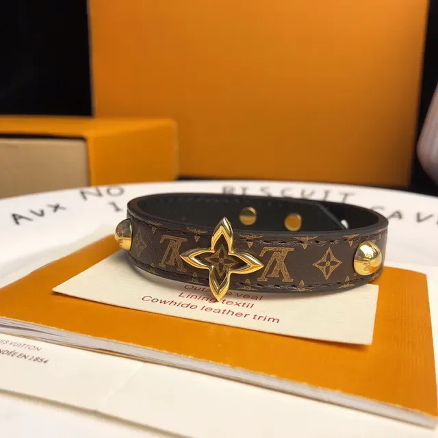 Louis Vuitton Monogram Canvas Bracelet Brown Gold Black Leather Trim Bracelet 4