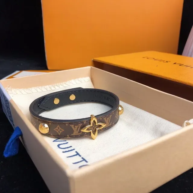 Louis Vuitton Monogram Canvas Bracelet Brown Gold Black Leather Trim Bracelet 5
