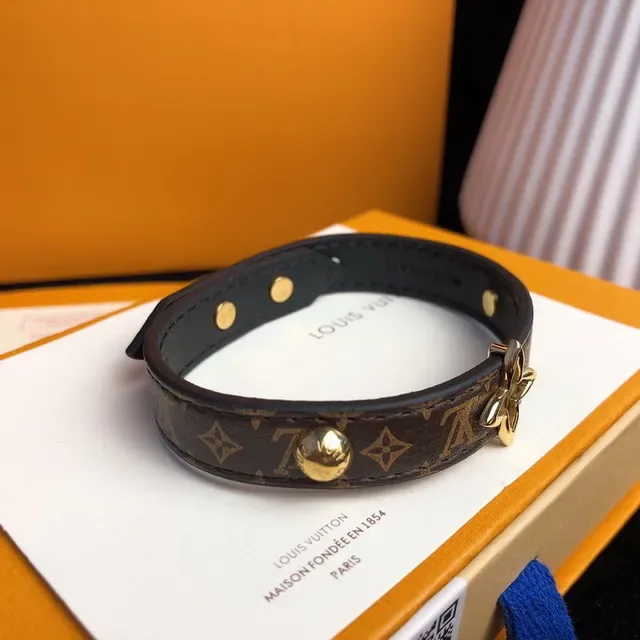 Louis Vuitton Monogram Canvas Bracelet Brown Gold Black Leather Trim Bracelet 6
