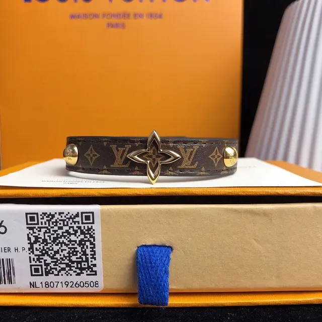 Louis Vuitton Monogram Canvas Bracelet Brown Gold Black Leather Trim Bracelet 7