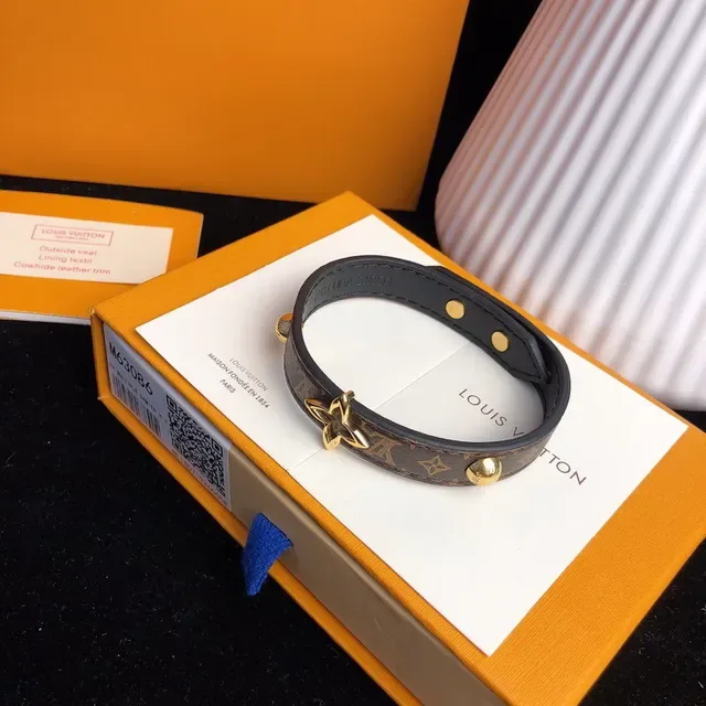 Louis Vuitton Monogram Canvas Bracelet Brown Gold Black Leather Trim Bracelet 8