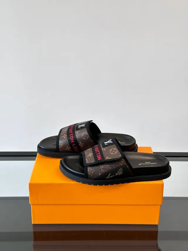 Louis Vuitton Monogram Canvas Double-Strap Black Brown Slippers 4
