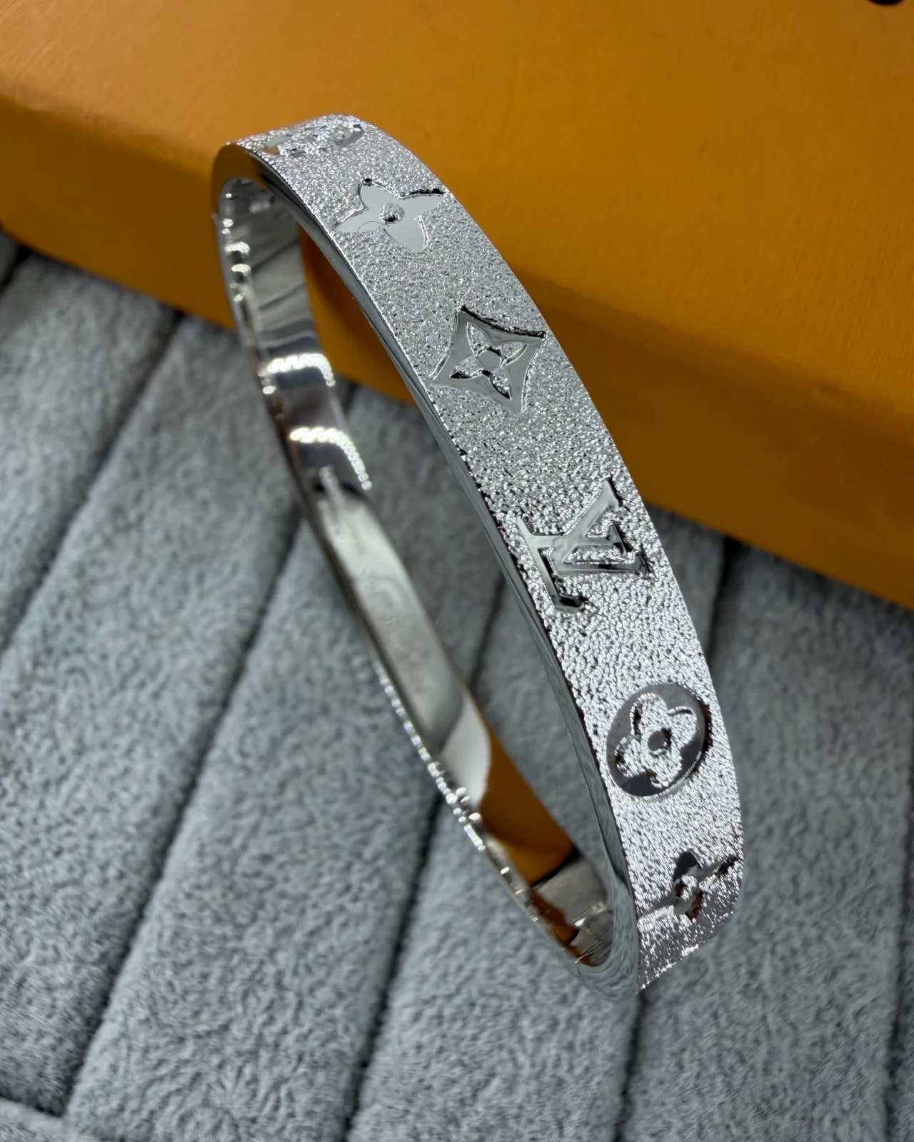 Louis Vuitton Monogram Engraved Bracelet Gold Silver Textured Metallic Surface Bracelet 4