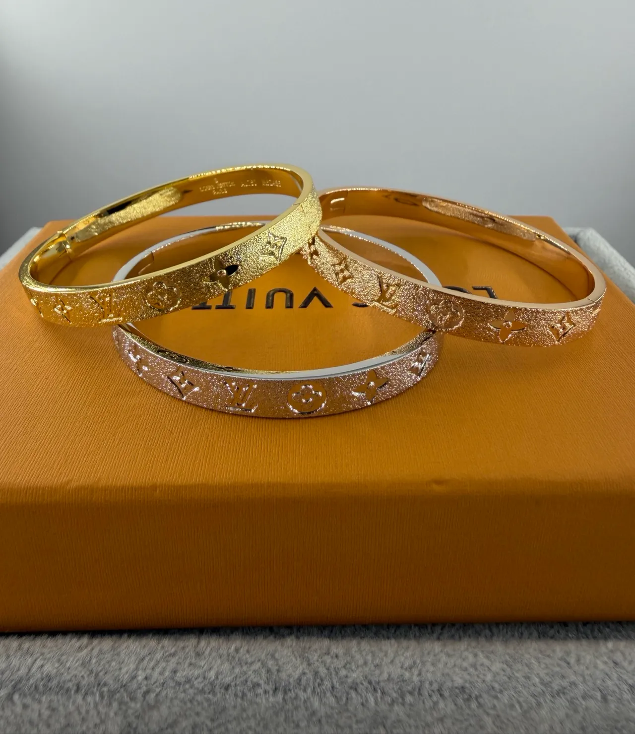 Louis Vuitton Monogram Engraved Bracelet Gold Silver Textured Metallic Surface Bracelet 5