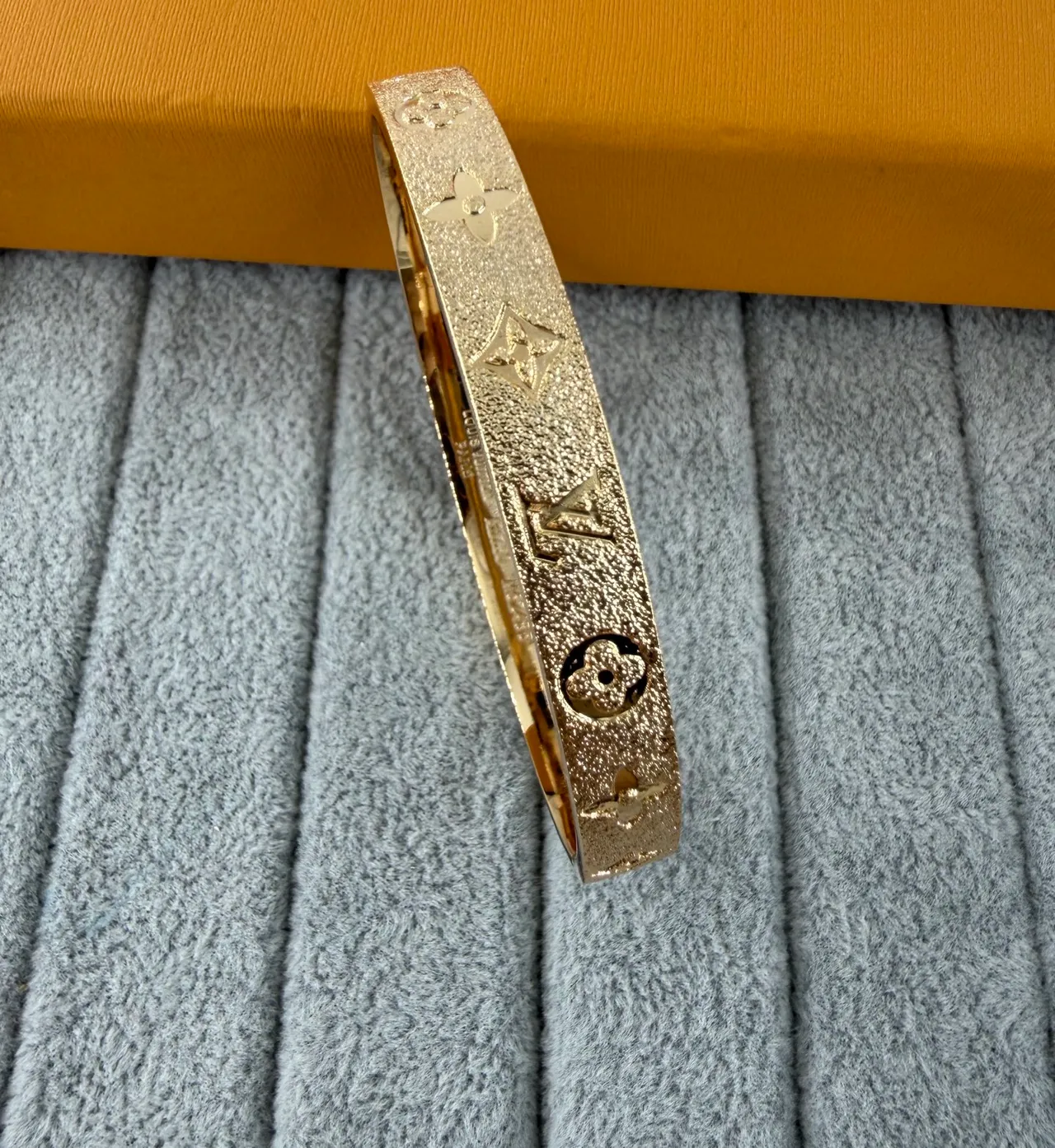Louis Vuitton Monogram Engraved Bracelet Gold Silver Textured Metallic Surface Bracelet 6