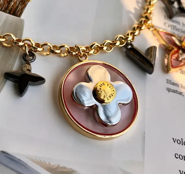 Louis Vuitton Monogram Flower Charm Gold-Tone Pink Enamel Bracelet 4