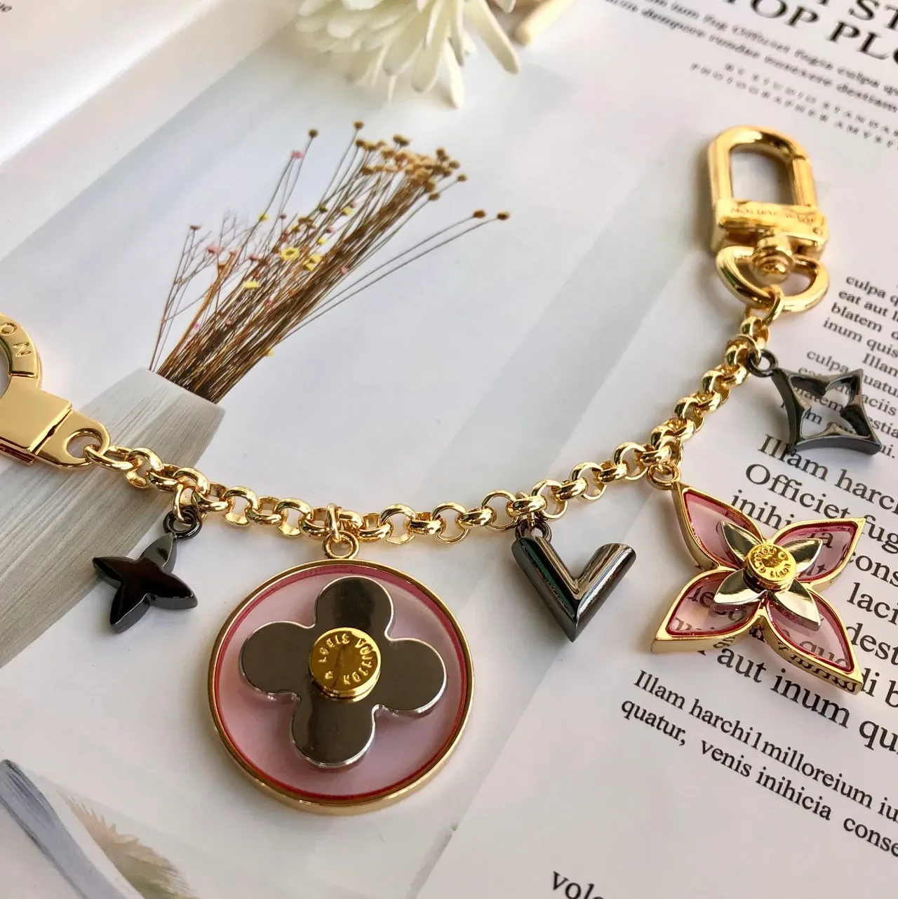 Louis Vuitton Monogram Flower Charm Gold-Tone Pink Enamel Bracelet 5