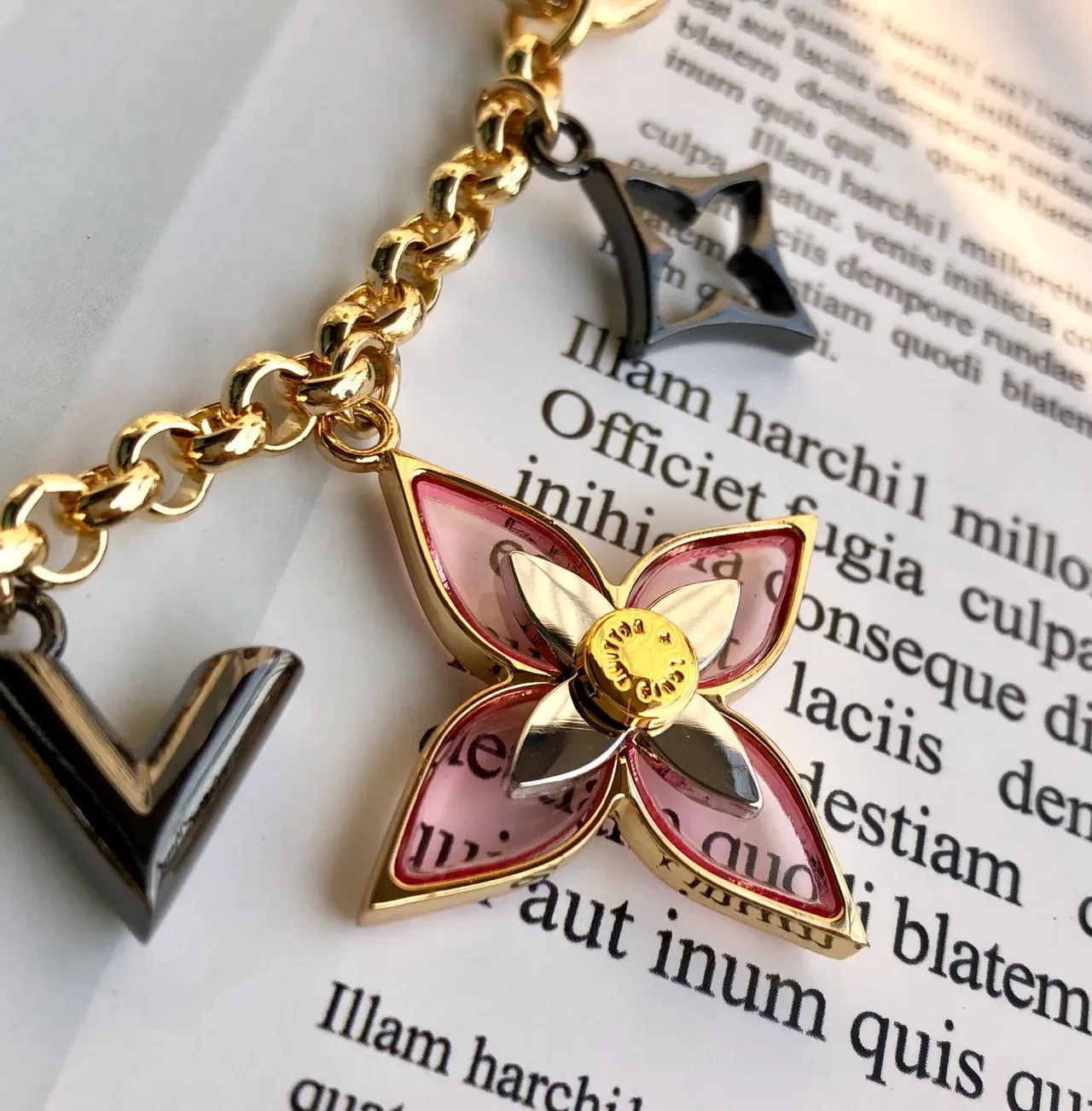 Louis Vuitton Monogram Flower Charm Gold-Tone Pink Enamel Bracelet 6