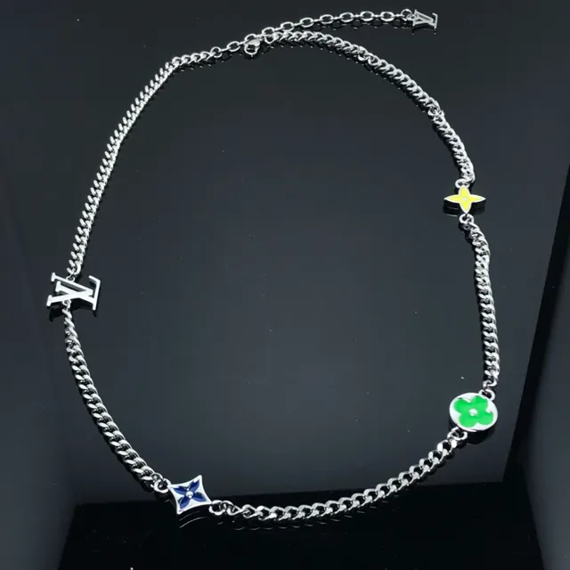 Louis Vuitton Monogram Flower Enamel LV Logo Silver Necklace 2