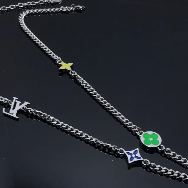 Louis Vuitton Monogram Flower Enamel LV Logo Silver Necklace 4