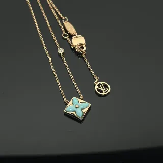 Louis Vuitton Monogram Flower Light Blue Enamel Gold-Tone Necklace