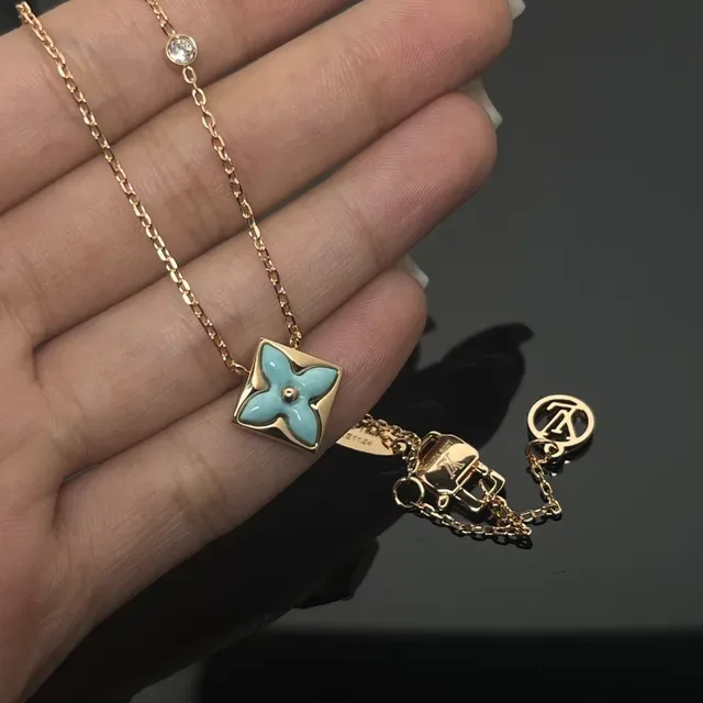 Louis Vuitton Monogram Flower Light Blue Enamel Gold-Tone Necklace 2