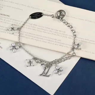 Louis Vuitton Monogram Flower Pearl Charm Silver Bracelet
