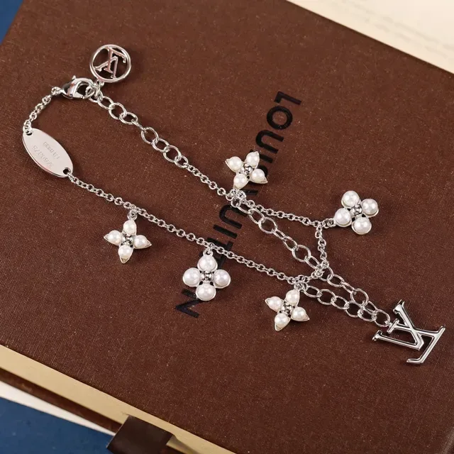 Louis Vuitton Monogram Flower Pearl Charm Silver Bracelet 3